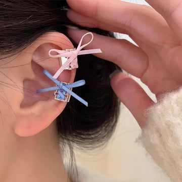 DAIIIBABYYY  -  Y2K Style Ribbon Pink Bow Ties Clip Earrings for Women Girls Sweet Cool Korean Charm Girls Ear Bone Clip Fashion Jewelry Gifts
